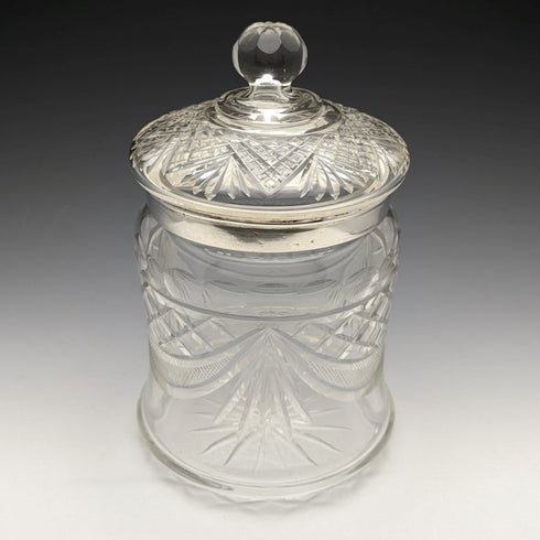 1928 British vintage cut glass biscuit barrel pure silver decoration 831g